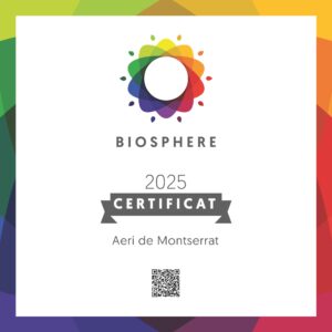 Certificat Biosphere 2025 atorgat a l’Aeri de Montserrat, reconeixent el seu compromís amb la sostenibilitat i el turisme responsable.